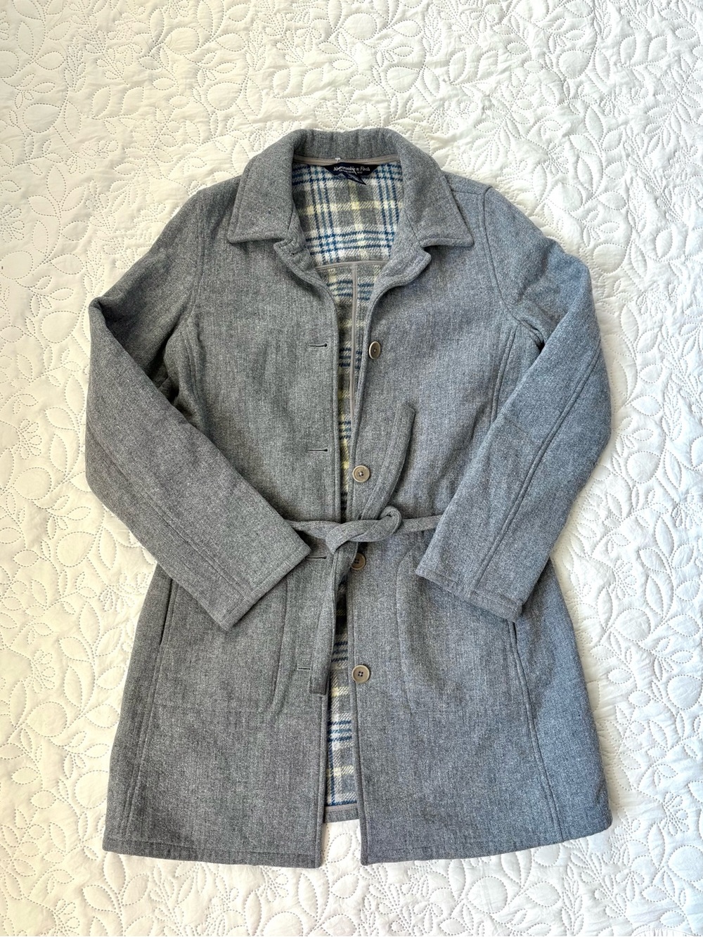 Abercrombie & Fitch Gray Wool Blend Belted Plaid Lined Coat